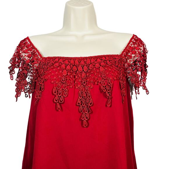 Tobi Lace Trim Tunic Off Shoulder Cranberry Red - S - Picture 1 of 5